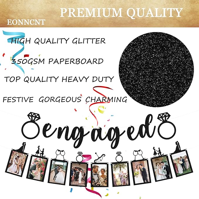 Pre-Strung Engaged Photo Banner - Black Glitter Engagement Party Decoration Supplies with Romantic Memories Picture Card Frames for Bachelorette, Bridal Shower, Wedding Party Photo Booth Props