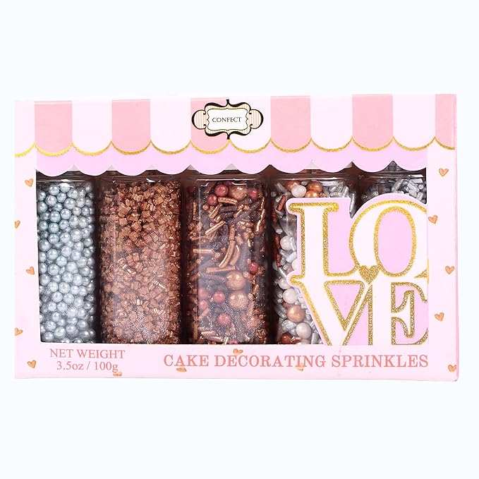 Confect-Rose Gold Edible Cake Sprinkles Mix – Pearl Dragees, Silver & Copper Jimmies, Bronze Sparkling Sugar – White, Rose Gold, Silver Glam Sprinkle Set for Cake Decorating, Baking & Cupcakes- Vegan, Gluten-Free, Nut-Free, Soy-Free, Dairy-Free, Palm O...