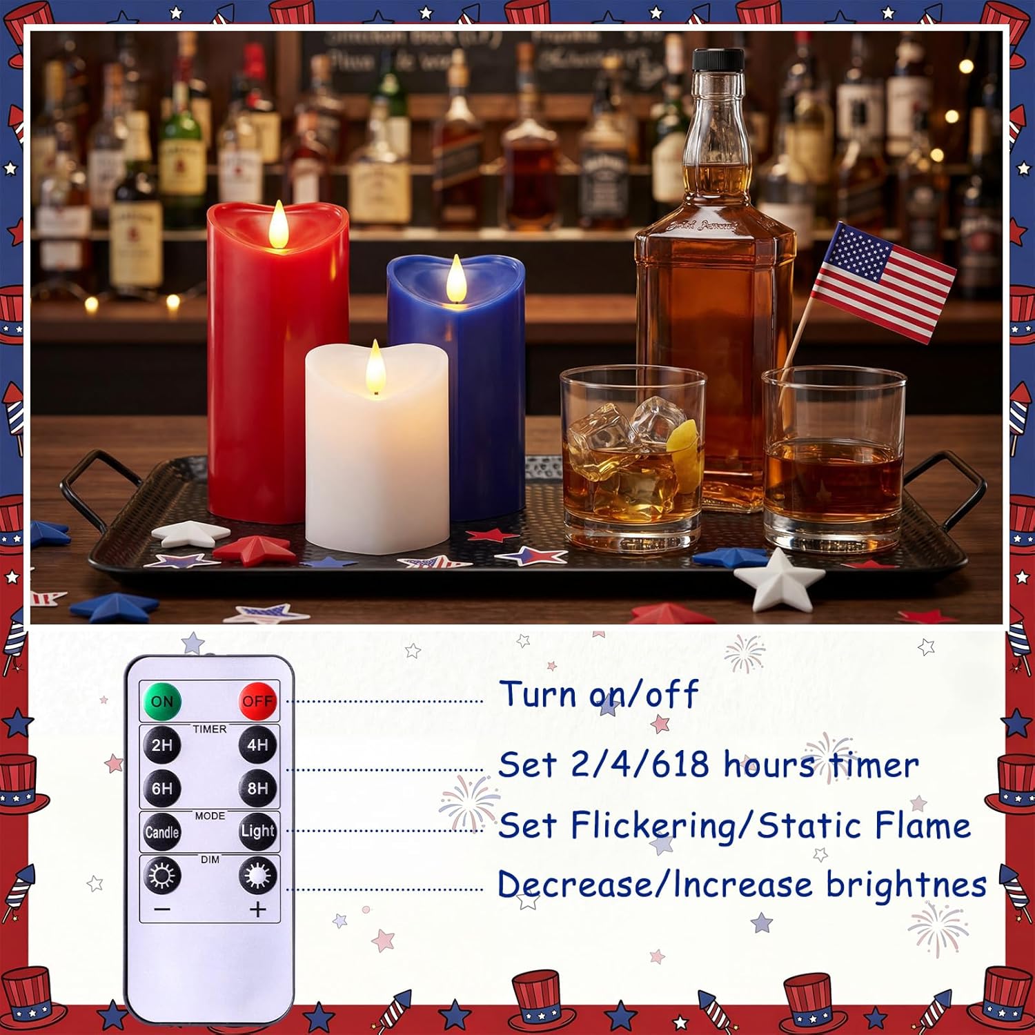 Retisee 3 PCS 4th of July Pillar Candle - 4" 5" 6" LED Battery Operated Flameless Candle with Remote for Independence Day Home Party Decoration Gift