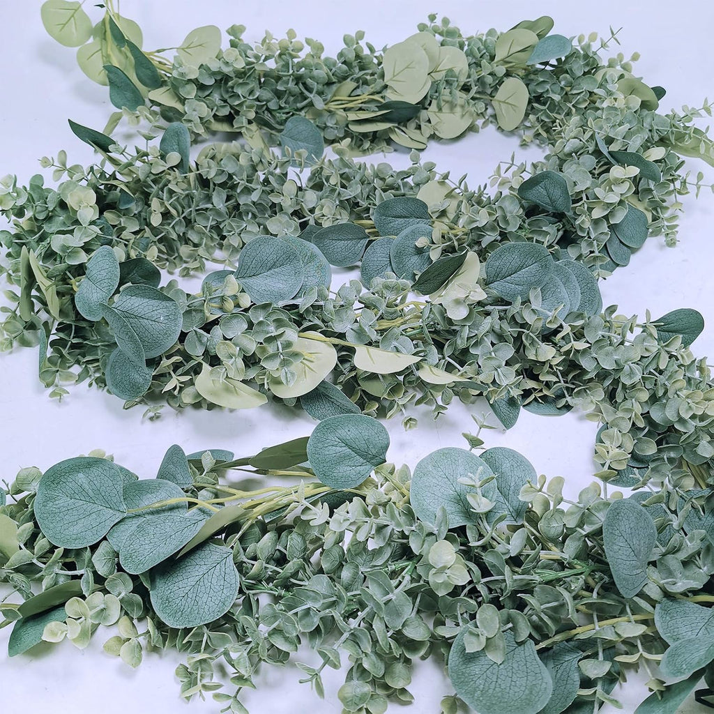 8.3' long faux eucalyptus greenery garland - silver shown in use