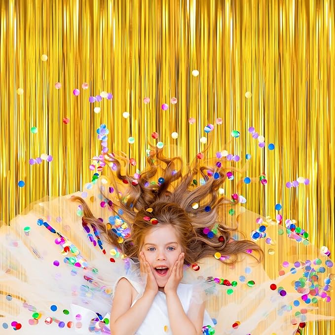 Gold Tinsel Backdrop Birthday Decorations, 2Pack Foil Curtain Backdrop Gold Streamers Dance Party Decorations Photo Booth Props for Bachelorette Decors Christmas Halloween New Years Eve Party Supplies