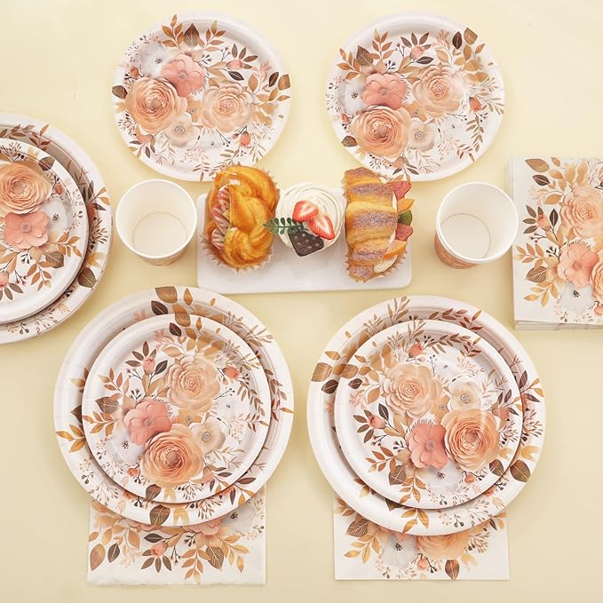 Boho Plates and Napkins Sets for 25 Guests, Floral Birthday Party supplies for Boho Fall Party Decorations