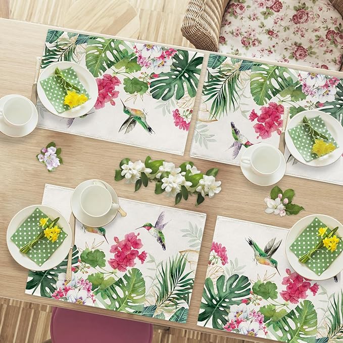 Seliem Spring Summer Geranium Flower Placemats Set of 4, Red Floral Hummingbird Palm Leaves Monstera Dining Table Place Mats, Seasonal Kitchen Decor Home Decoration 12 x 18 Inch