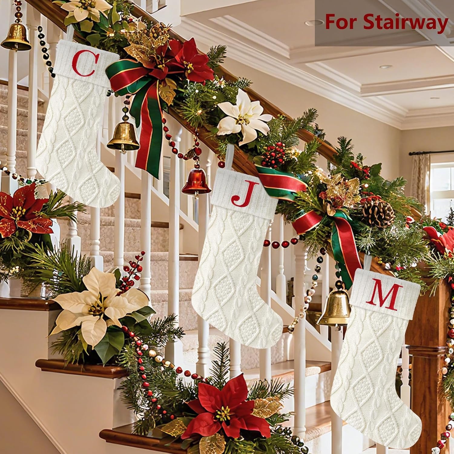 Senneny Christmas Stockings with Initials, 20” Large Embroidered Monogram Knitted Stockings for Family, Kids, Xmas Holiday Party Gifts & Decoration for Fireplace, White, Letter A