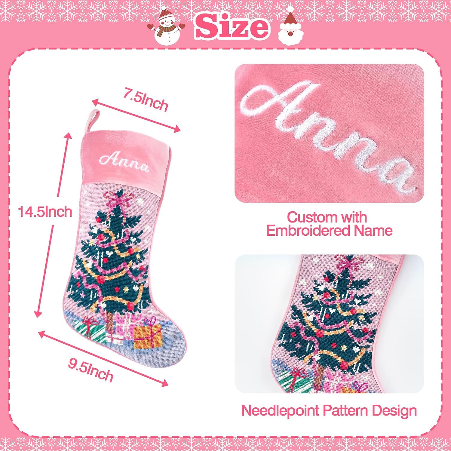 MT WORLD Needlepoint Christmas Stockings Personalized Snowman Santa Nutcracker Christmas Tree Embroidered Family Stockings for Holiday Applique Pink Velvet Stocking with Name for Family Decoration