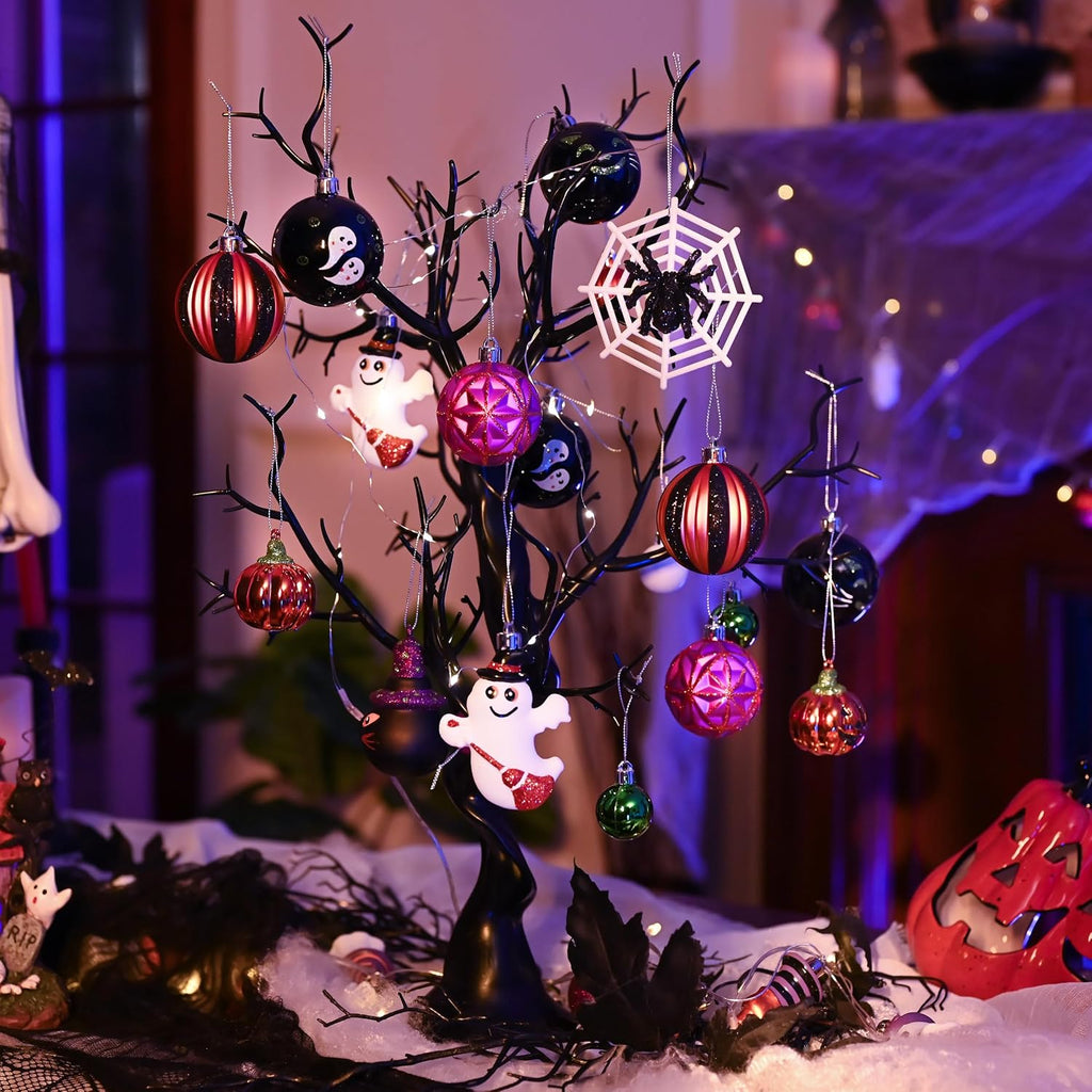 Valery Madelyn 40ct Medium Halloween Ornaments Shatterproof Tree Decoration | Ghost Cat Jack-o'-Lantern Pumpkin Vintage Variety Hanging Ball Ornaments Set for Small Tree, Cute Holiday Party Home Decor