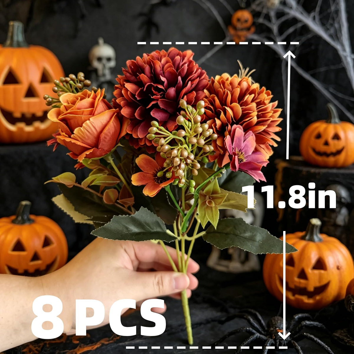 8 Pack Artificial Fall Flowers, Orange Red Silk Faux Bouquet