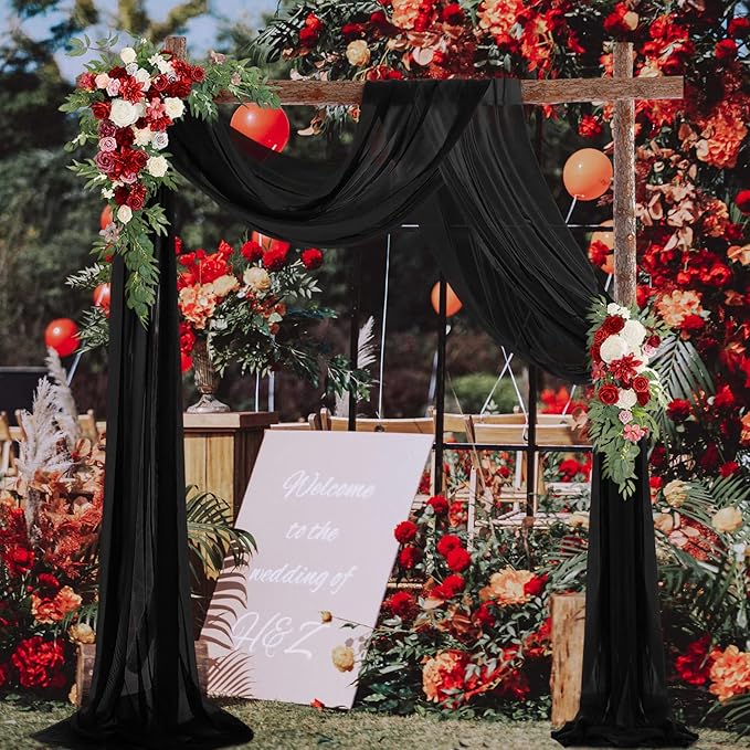 PARTISKY 10ftx10ft Black Chiffon Sheer Backdrop Curtains, Wrinkle-Free Wedding Backdrop Drapes for Birthday Party Ceremony Arch Stage Decor Background for Photography 5ft x 10ft,2 Panels