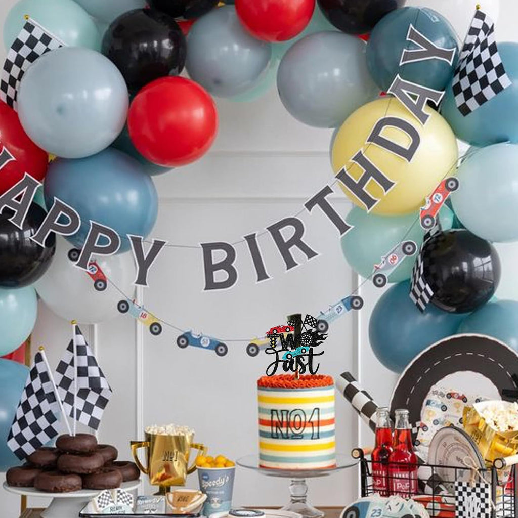1 PCS Two Fast Cake Topper Glitter Checkered Flag Racing Car 2nd Cake Pick Cars Birthday Decorations for Let's Go Racing Car Boys Girls 2 Years Second Birthday Party Cake Decorations Supplies
