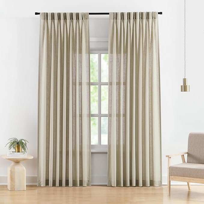 Vision Home Sand Pinch Pleated Semi Sheer Curtains Textured Linen Blended Light Filtering Window Curtains 95 inch for Living Room Bedroom Pinch Pleat Drapes with Hooks 2 Panels 40" Wx95 L,Camel Beige