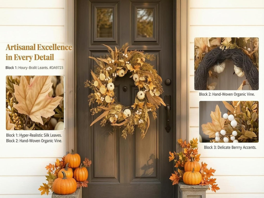 24 inch neutral fall wreath for front door, close-up detail