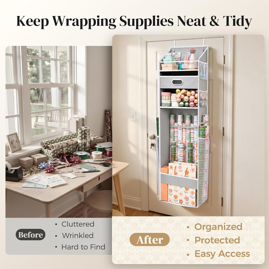 Ordovibe Wrapping Paper Storage Organizer, Over The Door Gift Wrap Holder with Removable Drawer & Side Mesh Pockets – Space Saving Closet Organizer for Christmas, Halloween, Birthday Rolls Supplies Gray