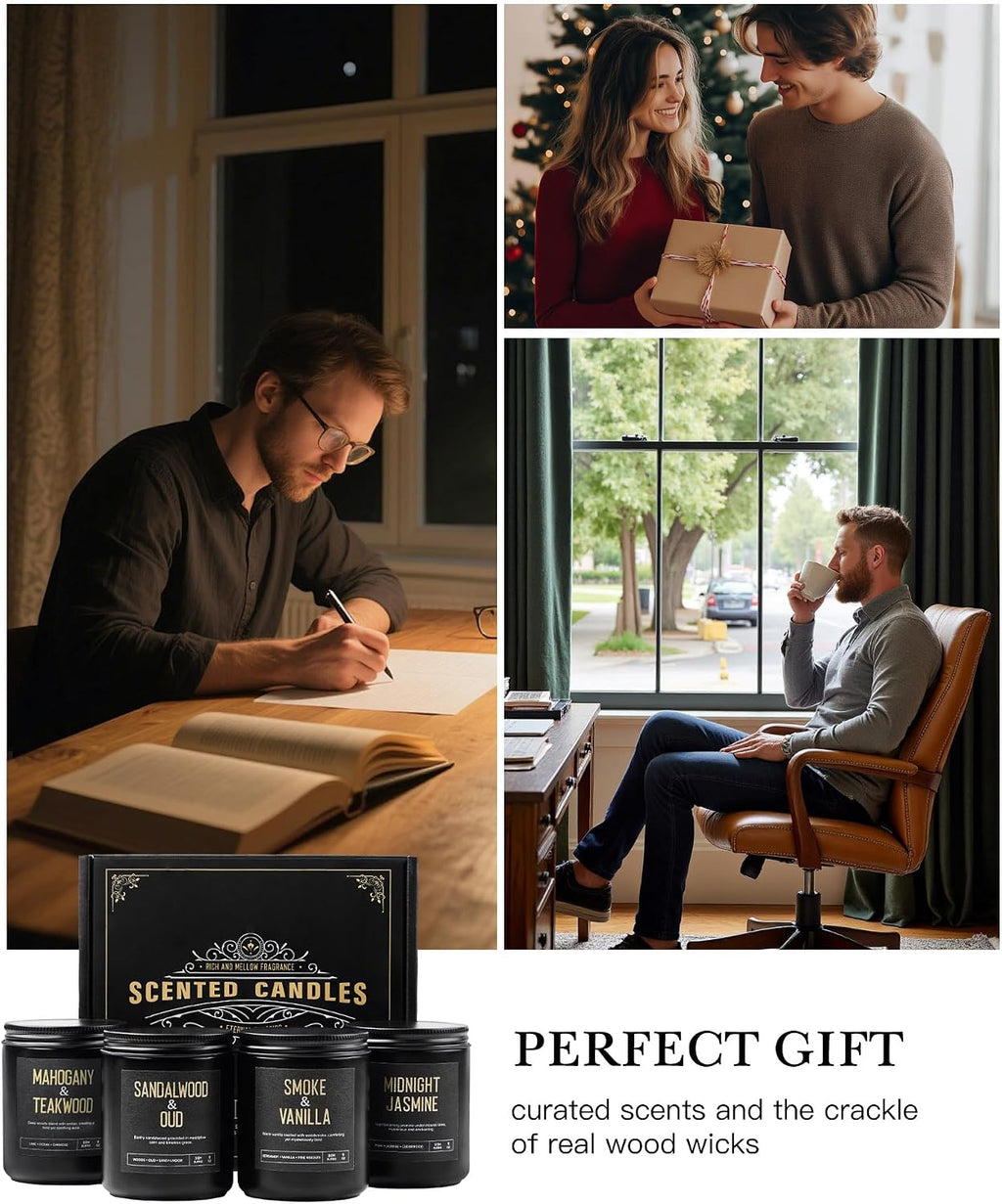 Men's Scented Candles Gift Set, 4 Jar Wood Wick Soy Wax Candles for Home | 200 Hour Burn, Mahogany & Teakwood, Smoke & Vanilla, Midnight Jasmine, Sandalwood Oud Scented Candle, Gifts for Men