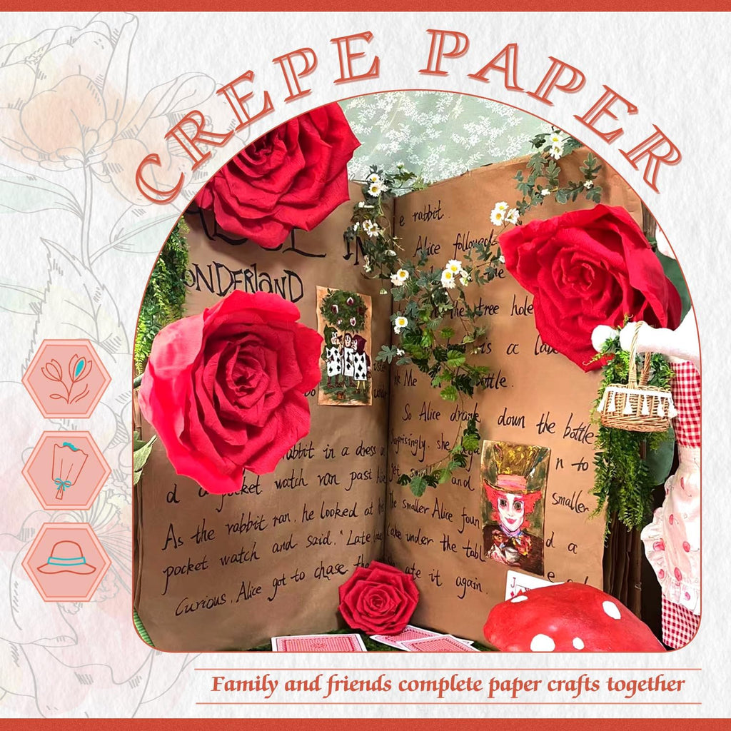 Mlurcu Crepe Paper - 6 Rolls, Red, 10 Inch Wide, Streamers, Flower Making Kits, Green Floral Tape and Floral Stem Wire for Wedding, Festival, Party, DIY Flower Crafts