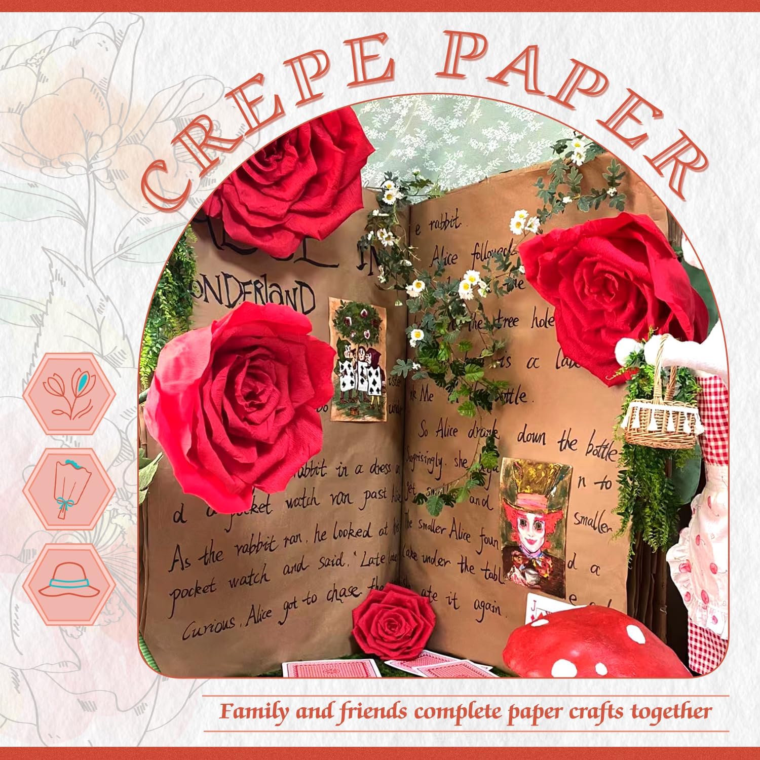 Mlurcu Crepe Paper - 6 Rolls, Red, 10 Inch Wide, Streamers, Flower Making Kits, Green Floral Tape and Floral Stem Wire for Wedding, Festival, Party, DIY Flower Crafts