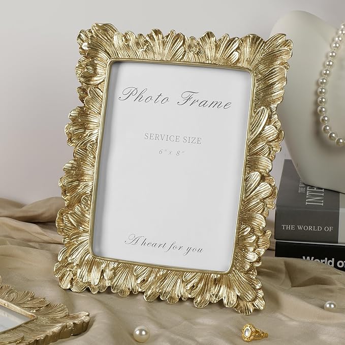 Cuspin 6x8 Picture Frame Vintage Gold Frames, Gold Palm Leaves Textured Hand-Crafted Resin Frames with Glass Front, Elegant Retro Decorative Photo Frame for Wall and Tabletop Display Home Decor