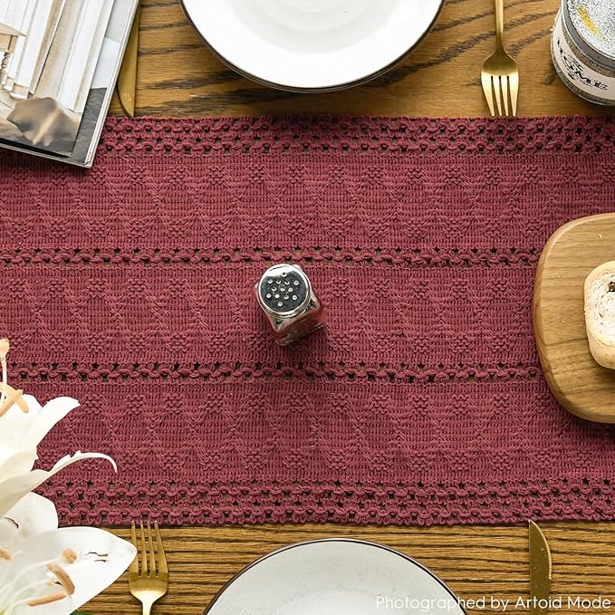 Artoid Mode Red Farmhouse Woven Rustic Hollow Table Runner, Seasonal Holiday Kitchen Dining Table Decoration for Home Party Decor 12x36 Inch