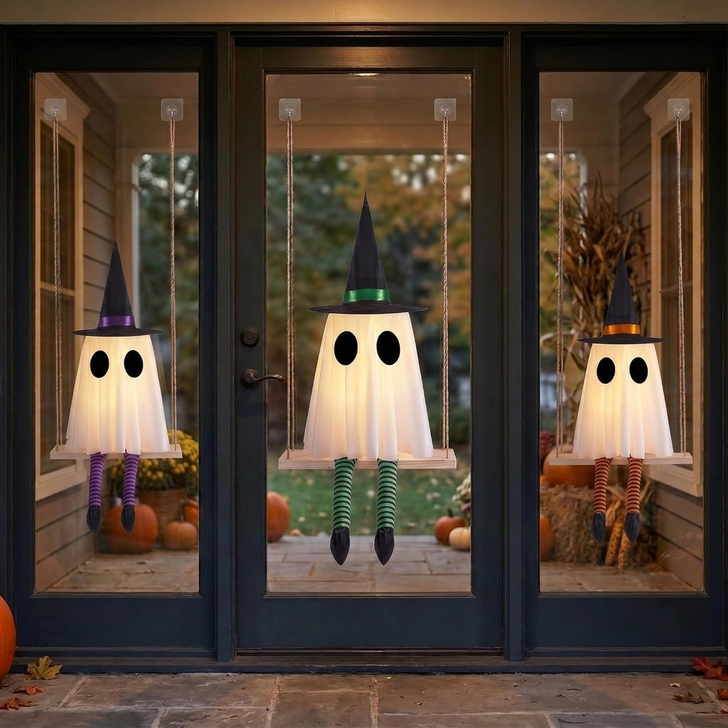 halloween swinging ghost outdoor decor, spooky hanging ghosts showing dimensions