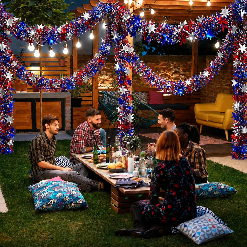 52.5Ft 4th of July Garland, Patriotic Red White and Blue Star Glitter Tinsel Twist Garland, 4th of July Decorations for Car Bike Golf Cart Independence Day Memorial Day Decor