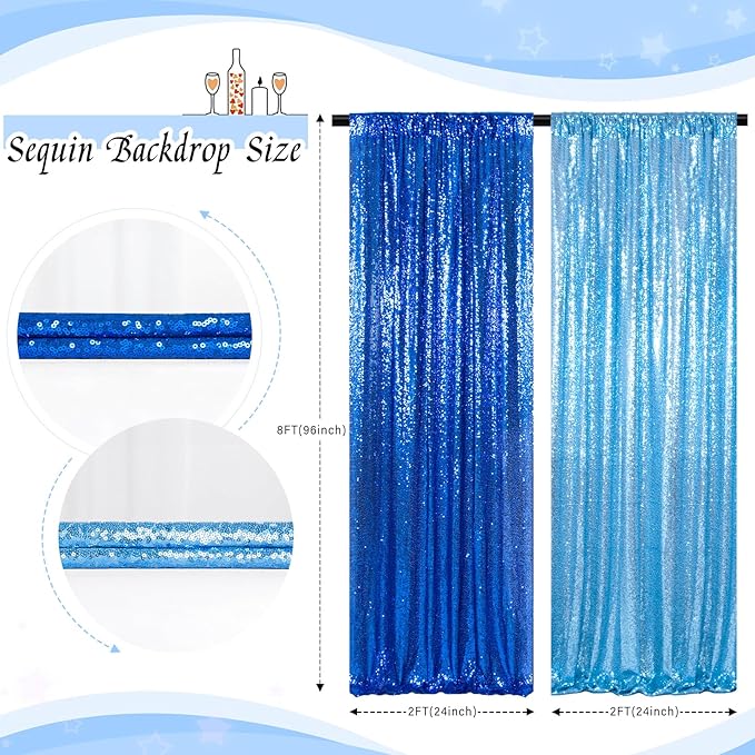 ShinyBeauty Baby Blue and Blue Sequin Backdrop - 4 Pieces Photo Booth Curtains, Sparkle Fabric Glitter Background for Baby Shower, Birthday, and Party Decorations