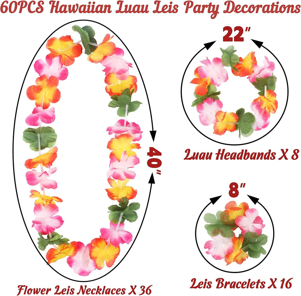 jollylife 60PCS Hawaiian Luau Leis Necklaces Bracelets Headbands Hibiscus Flowers Tropical Tiki Summer Pool Party Supplies Bulk
