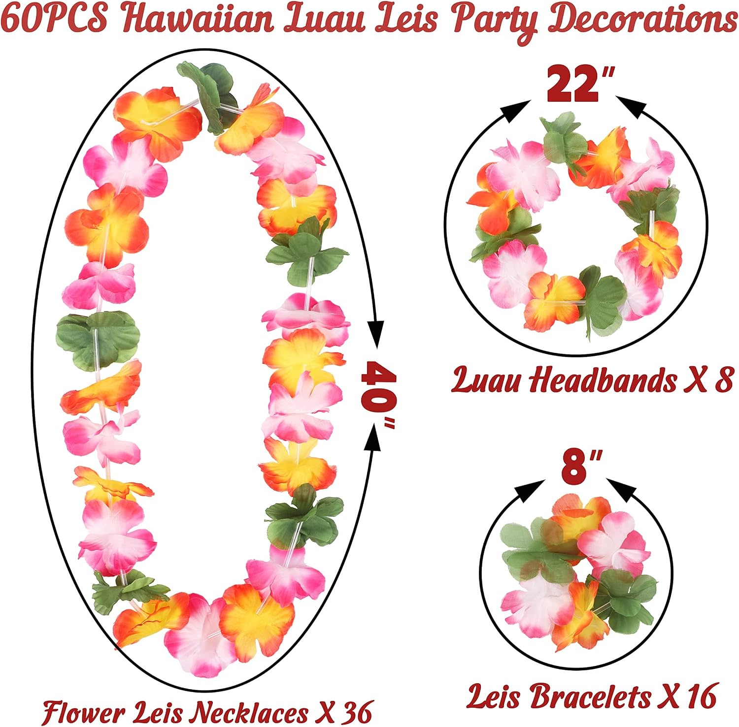 jollylife 60PCS Hawaiian Luau Leis Necklaces Bracelets Headbands Hibiscus Flowers Tropical Tiki Summer Pool Party Supplies Bulk