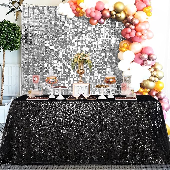 QueenDream Seamless Sequin Tablecloth 90x132 Inch Black Rectangular Tablecloth for Christmas Wedding Birthday Halloween