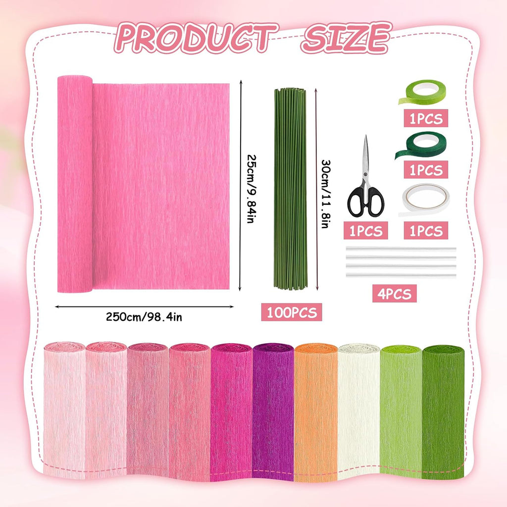 Crepe Paper Streamers 10 Rolls，10 * 98in Pastel Crepe Paper Sheets Kit for DIY Gift Colourful Paper Flower with 100 Pcs Flower Stalk，Gardening Tape，Scissors，Double-Sided Tape and Glue Sticks (Pink)