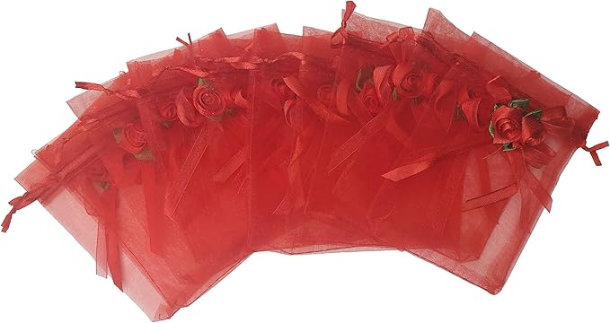 Ankirol 50pcs Sheer Organza Favor Bags For Wedding 3.8x4.8'' Gift Bags Samples Display Drawstring Rose Pouches (hot red)