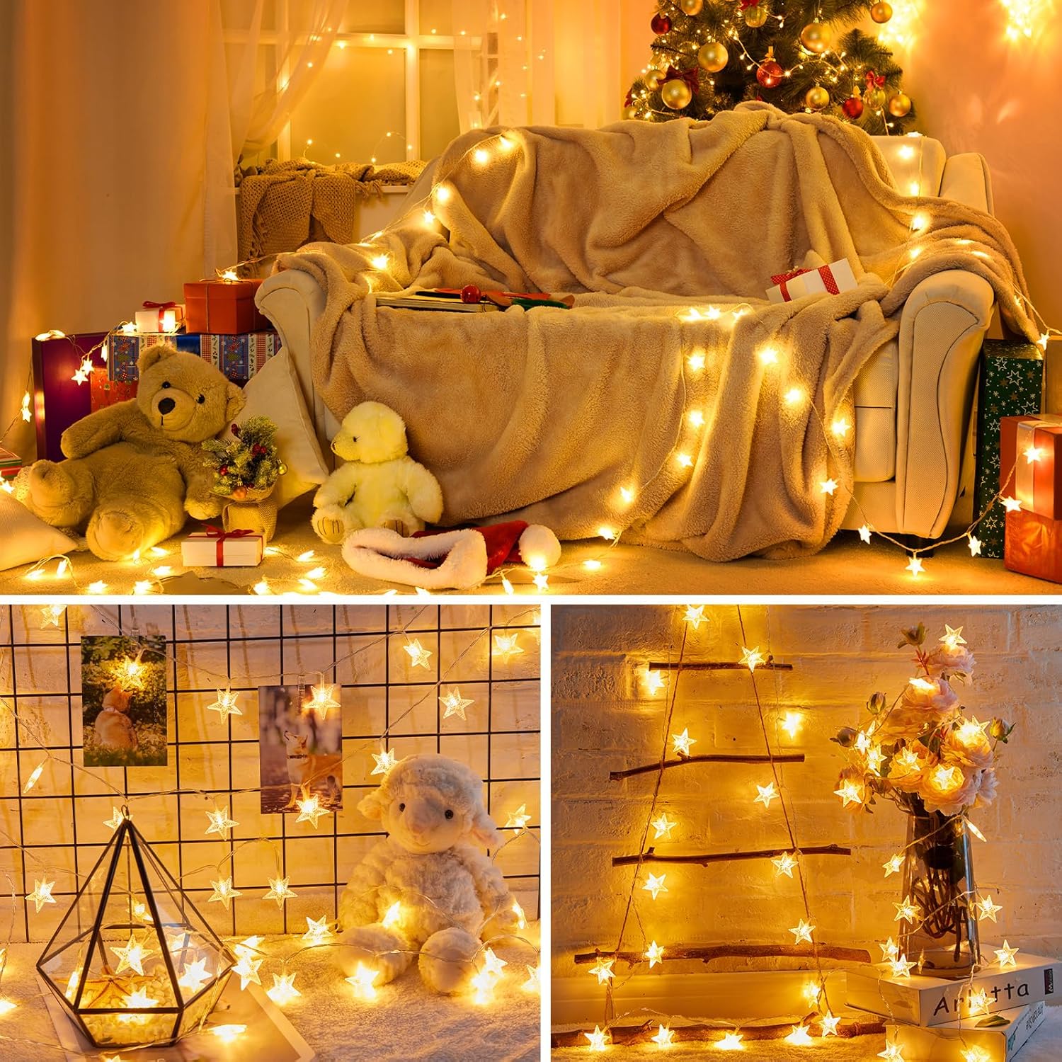 Minetom Star String Lights Battery Operated - 17 ft 50 LED Star Fairy String Lights with Timer, Waterproof for Indoor Bedroom Tent Loft Bed Patio Party Wedding Ramadan Decorations, Warm White
