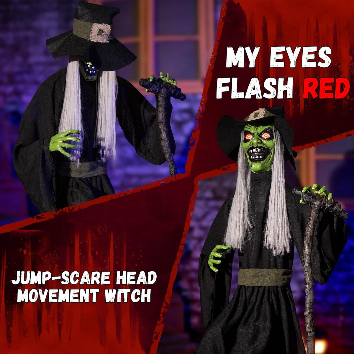 Halloween Animatronic Jump-Scare Witch Decoration, Sound Activated, Red Eyes,...
