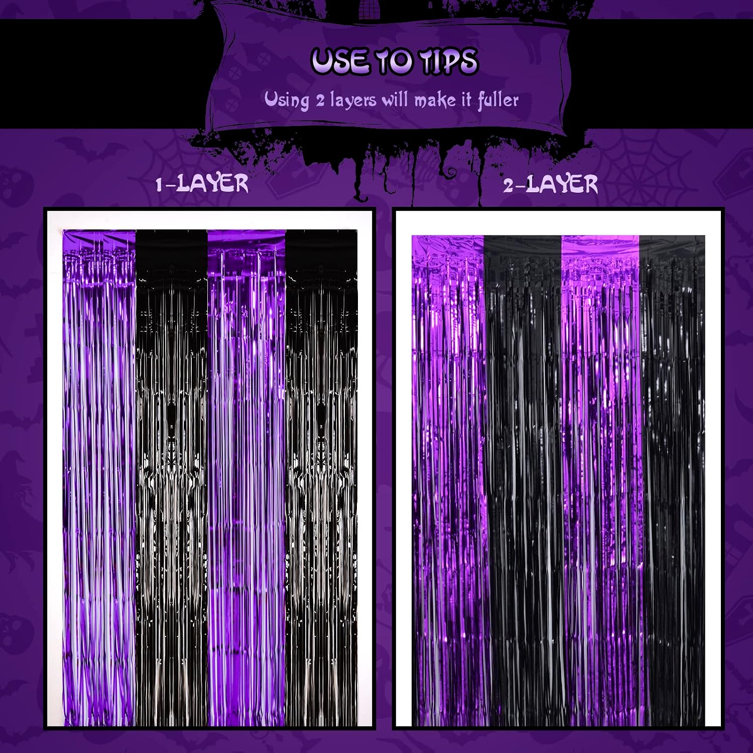 LYUBASA 3 Pack Halloween Party Decorations,Black and Purple Tinsel Foil Fringe Curtains,Halloween Theme Photo Booth Prop Streamer Backdrop Decor Indoor Outdoor Party Supplies for Birthday Anniversary