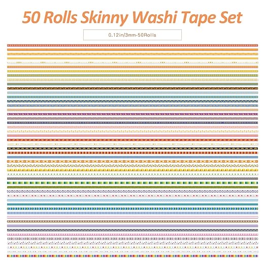 emmoolife 50 Rolls Skinny Washi Tape Set 3mm Wide, Gold Foil Print Masking Thin Basic Patterns Decorative Tapes for Scrapbooking, Junk Journal Supplies, Bullet Journaling, Craft Tape for Women Girl