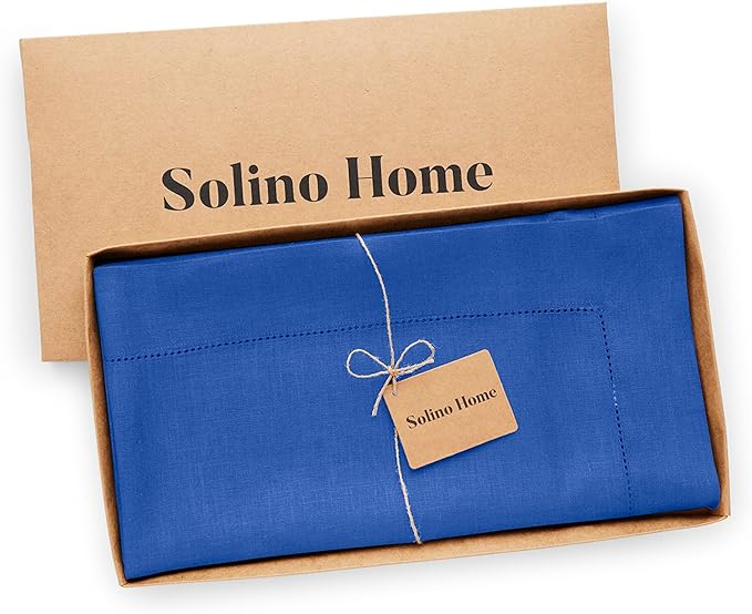 Solino Home Linen Square Tablecloth 52 x 52 Inch - 100% Pure Linen Royal Blue Table Throw - Classic Hemstitch, Machine Washable Table Cloth