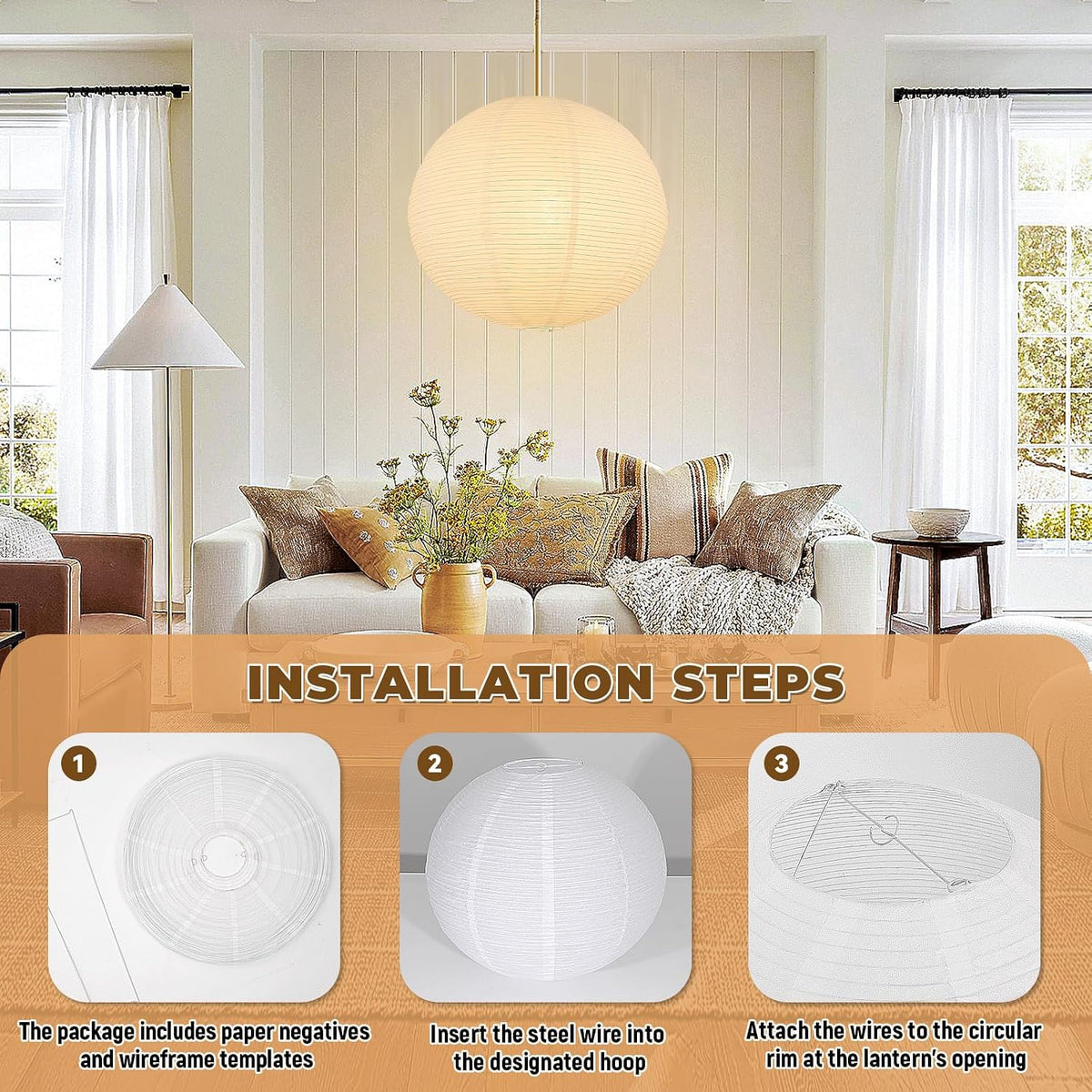 White Round Paper Lantern Lampshade set of 2, 20"x20'' Large Pap...