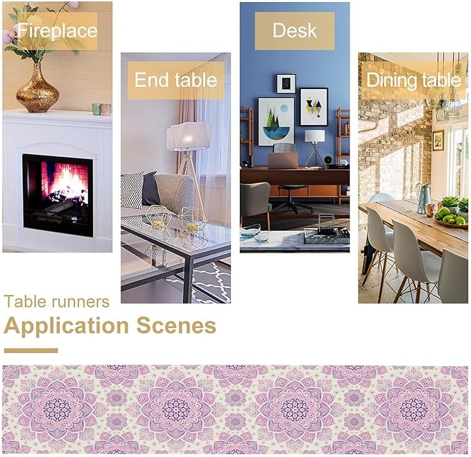 Purple Pink Mandala Table Runner, Traditional Indian Boho Mandala Flowers Print Table Runne for Kitchen Dining Table Office Wedding Party Holiday Home Decor, 13x36inch