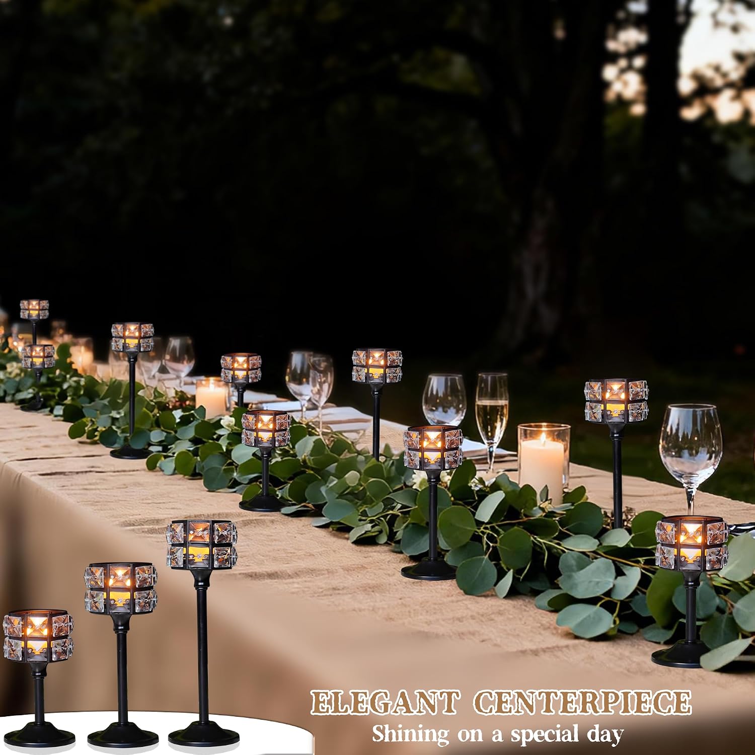 Crystal Metal Candle Holder, Square Crystal Beads Bling Tea Light Candlestick, Tall Votive Candelabra Elegant Centerpiece for Table Wedding Decoration, Home Decor (Black, Set of 3)