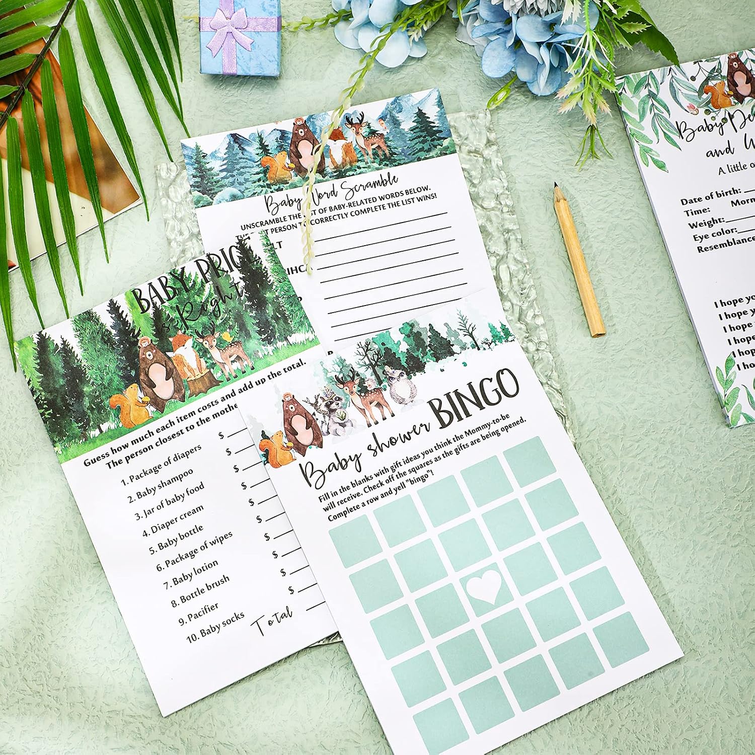 Gersoniel 135 Pieces Woodland Baby Shower Game Cards Forest Animals Baby Shower 5 Set (25 Cards Each) with 10 Pencils Predict Who Mommy or Daddy Well Wishes Woodland Creatures Theme for Boy Girl