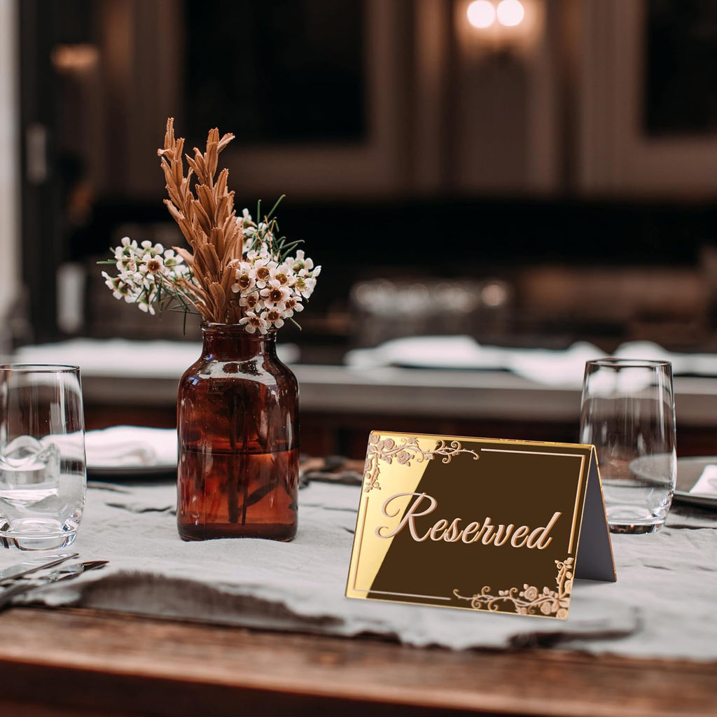 KAITELA 10 Pack Gold Acrylic Reserved Table Signs 6" x 4" Double Sided Reservation Seating Tent Cards for Wedding, Reception, Restaurant, Ceremony, Events