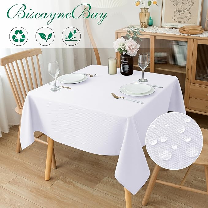 Biscaynebay Textured Fabric Square Tablecloths 90x90 Inches, White Water Resistant Card Table Cloth Folding Table Cover for Dining, Kitchen, Wedding and Parties etc. Machine Washable