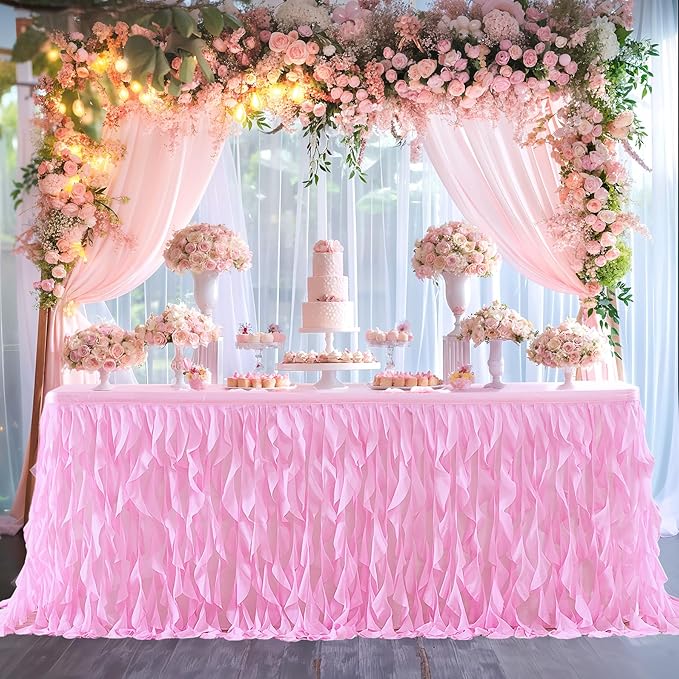 PARTISKY Pink Tulle Curly Willow Table Skirt for Rectangle Table 6ft, Ruffle Tutu Table Cloth for Girls Baby Shower,Birthday Party Candy Cake Tables