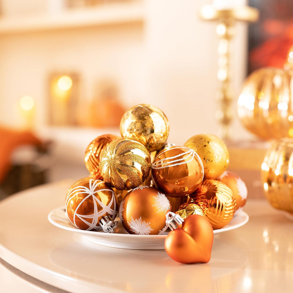 Valery Madelyn 28ct Fall Ornaments Shatterproof Tree Decorations for Home | Orange Heart Shaped Ball Ornaments Farmhouse Hanging Decor for Harvest Thanksgiving Autumn Party