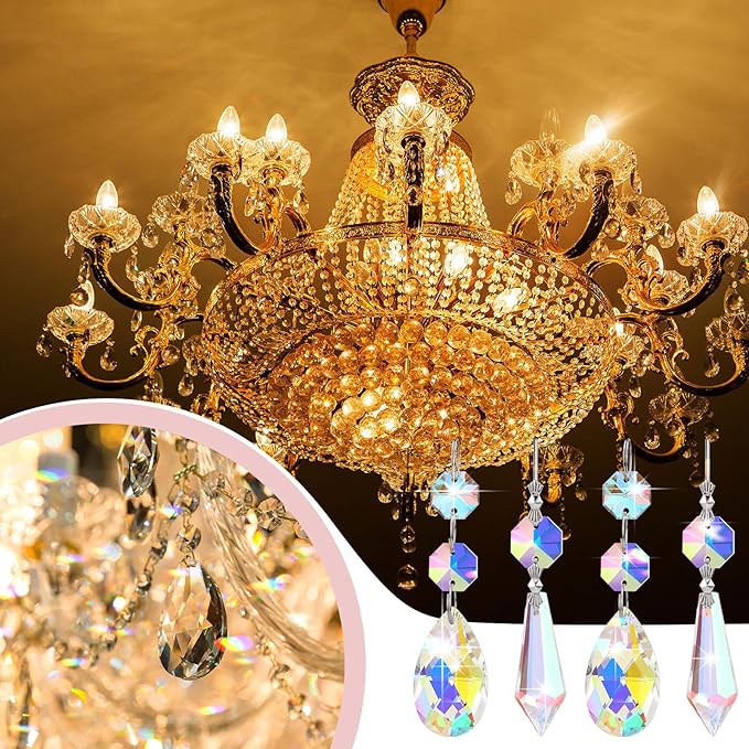 24 Pcs Chandelier Crystal Replacement 38 mm Teardrop & Icicle Crystal Prisms Hanging Gems Parts for Lamps and Chandeliers Suncatcher Christmas Tree Windows Home Decor (Colorful)