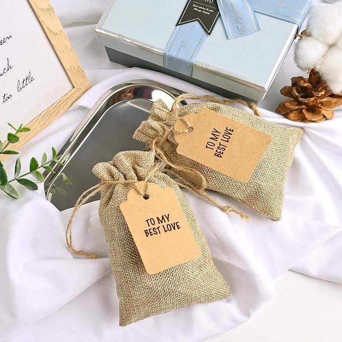 Jutieuo 25pcs Small Burlap Bags with Drawstring - 4x6 Inch Reusable Premium Linen Sacks Bags with Tag and String, Mini Gift Bag for Wedding Party Favor, Jewelry Pouches, Coffee, DIY Craft