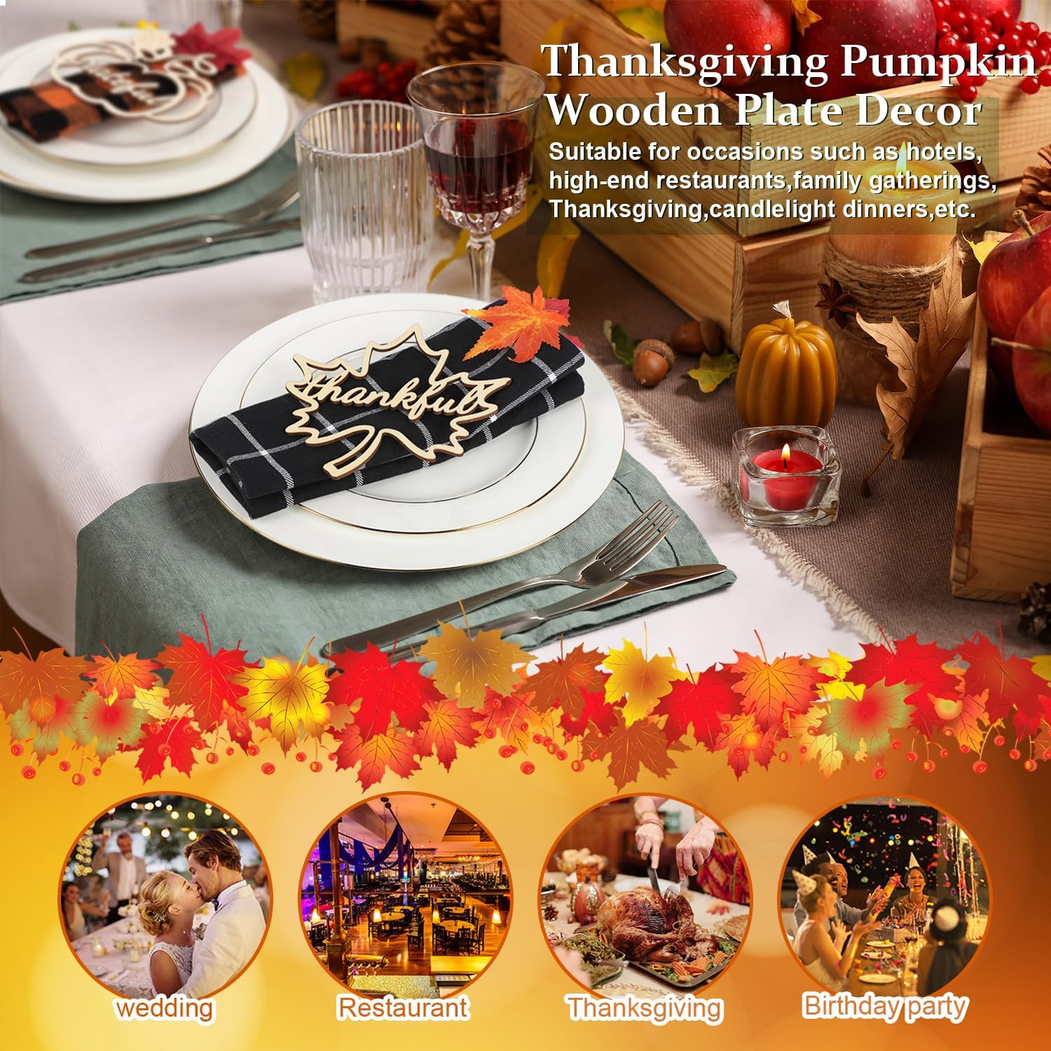 12 Pcs Thanksgiving Maple Leaf Pumpkin Wooden Plate Decor Grateful Wood Cutouts Fall Autumn Thankful Blessed Favour Gather Party Place Card Table Settings Signs for Farmhouse Dining Table