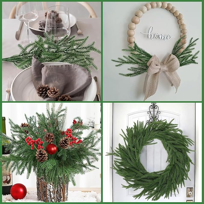 12 Pcs Christmas Norfolk Pine Branches, Artificial Pine Christmas Stems Real Touch Faux Greenery Pine Picks for Vase DIY Garland Wreath Home Indoor Outdoor Decoration