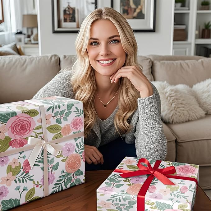 RUSPEPA Floral Wrapping Paper Roll for Women Girls, Mini Roll, Watercolor Pink Rose Gift Wrap, Flower and Foliage Paper for Wedding, Birthday, Mother's Day, Spring, Bridal Shower, 17 Inch X 16.4 Feet