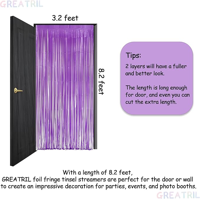 Purple Foil Fringe Party Backdrop - GREATRIL Party Streamers for Mermaid/Butterfly/Wednesdays/Star Birthdays Party Decoration - 3.2ft X 8.2ft - 2 Packs