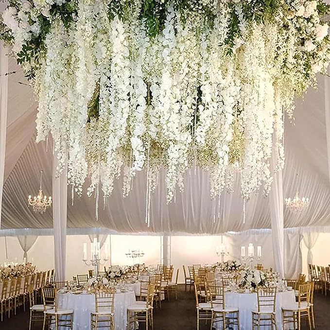 24 Pack White Green Wisteria Hanging Flowers Garland, 3.77 Feet Artificial Flower Vines, Fake Wisteria, Artificial Vines Hanging Garland for Backdrop Outdoor Yard Garden Decor
