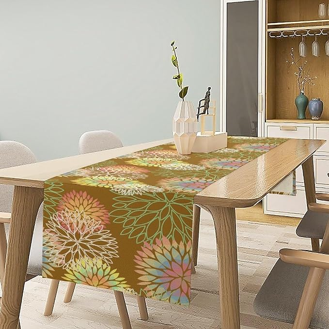Brown Grey Dahlia Flower Table Runner, Linen Geometric Pattern Floral Table Decor Spring Farmhouse Decorations for Kitchen Dining Holiday Party Decor, 13x70 Inch